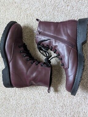 Burgundy Lace-Up Combat Boots
